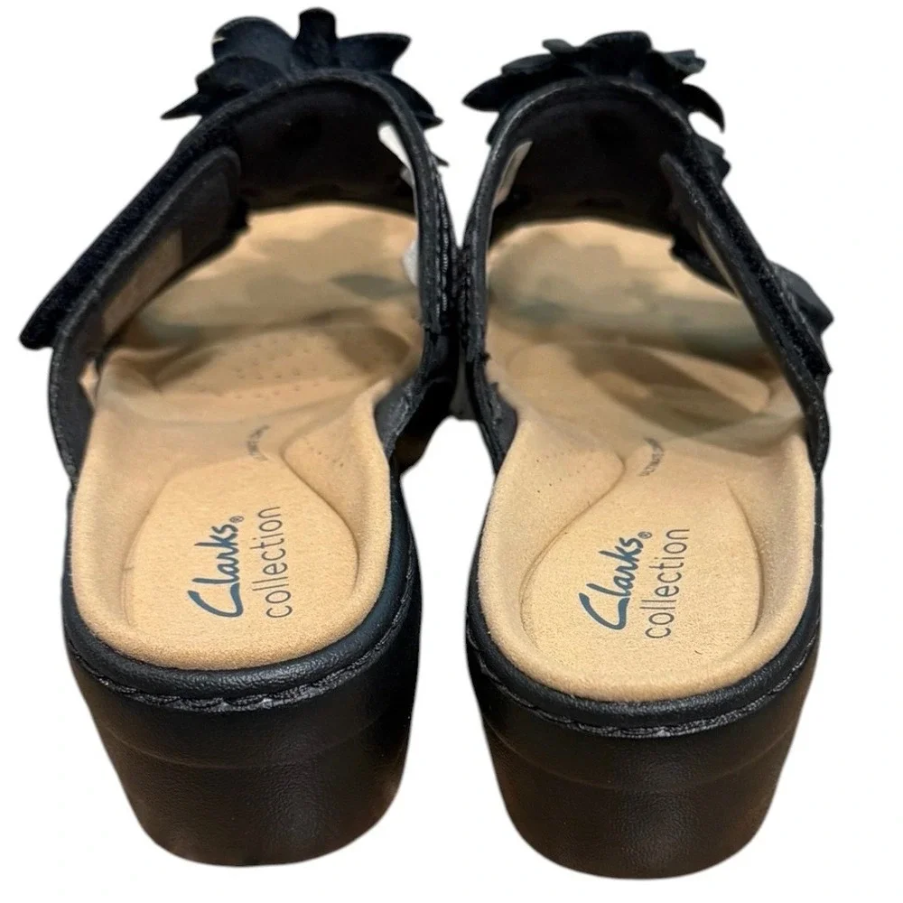 Clarks Merliah Raelyn Black Leather Floral Slide Wedge Sandals Womens 7 M